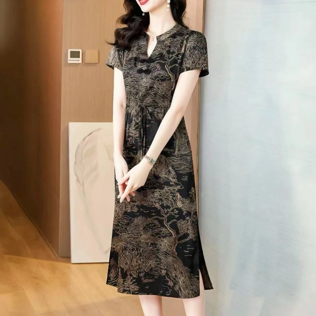 【吉遇优选】590-h#新品冰雪丝显瘦气质优雅开衩改良旗袍连衣裙