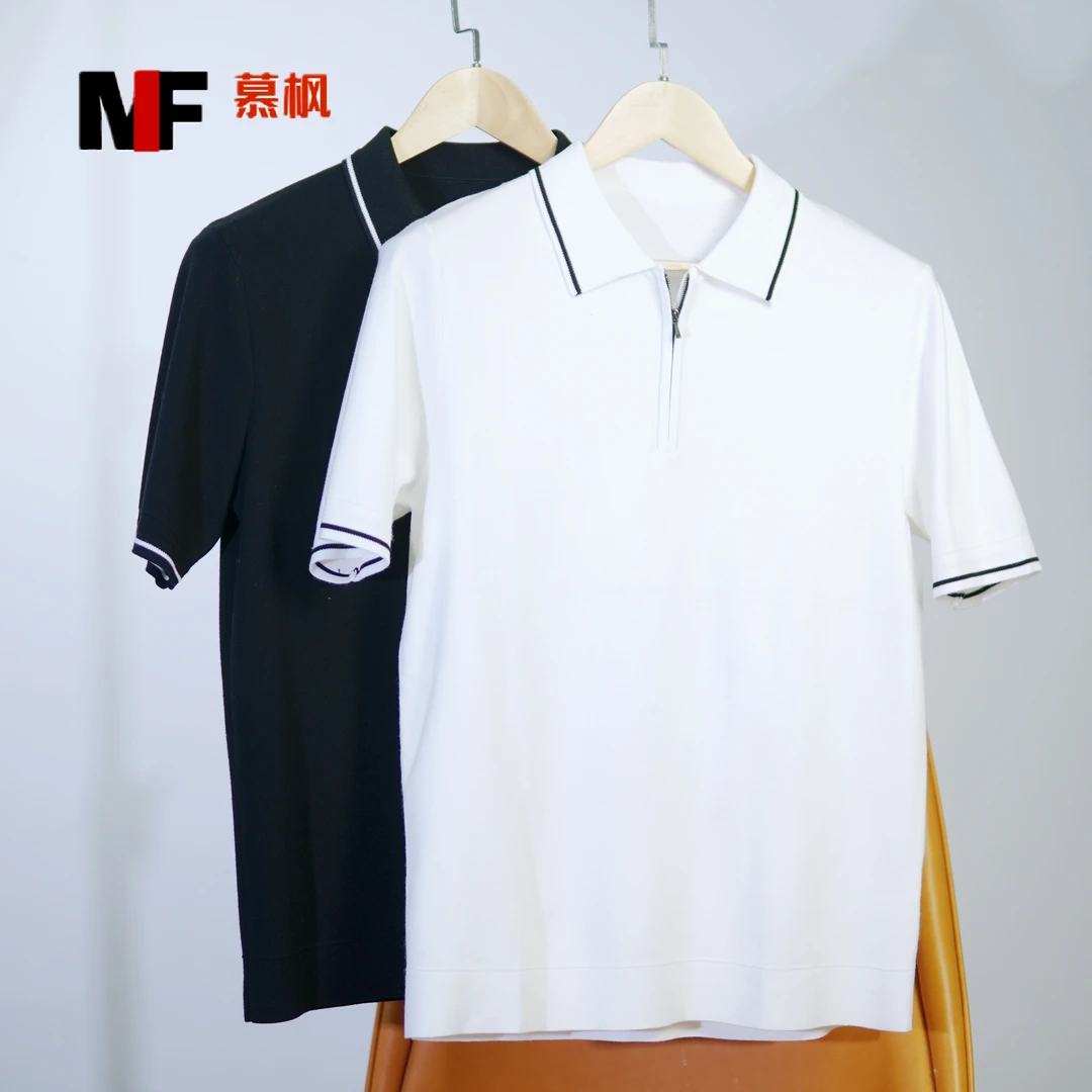 24*秋季男士商务休闲弹力舒适针织混纺拉链领口短袖polo衫11877