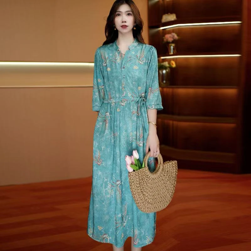 百鸟朝凤高端时尚花罗大码新款夏季高雅连衣裙气质宽松显瘦裙子