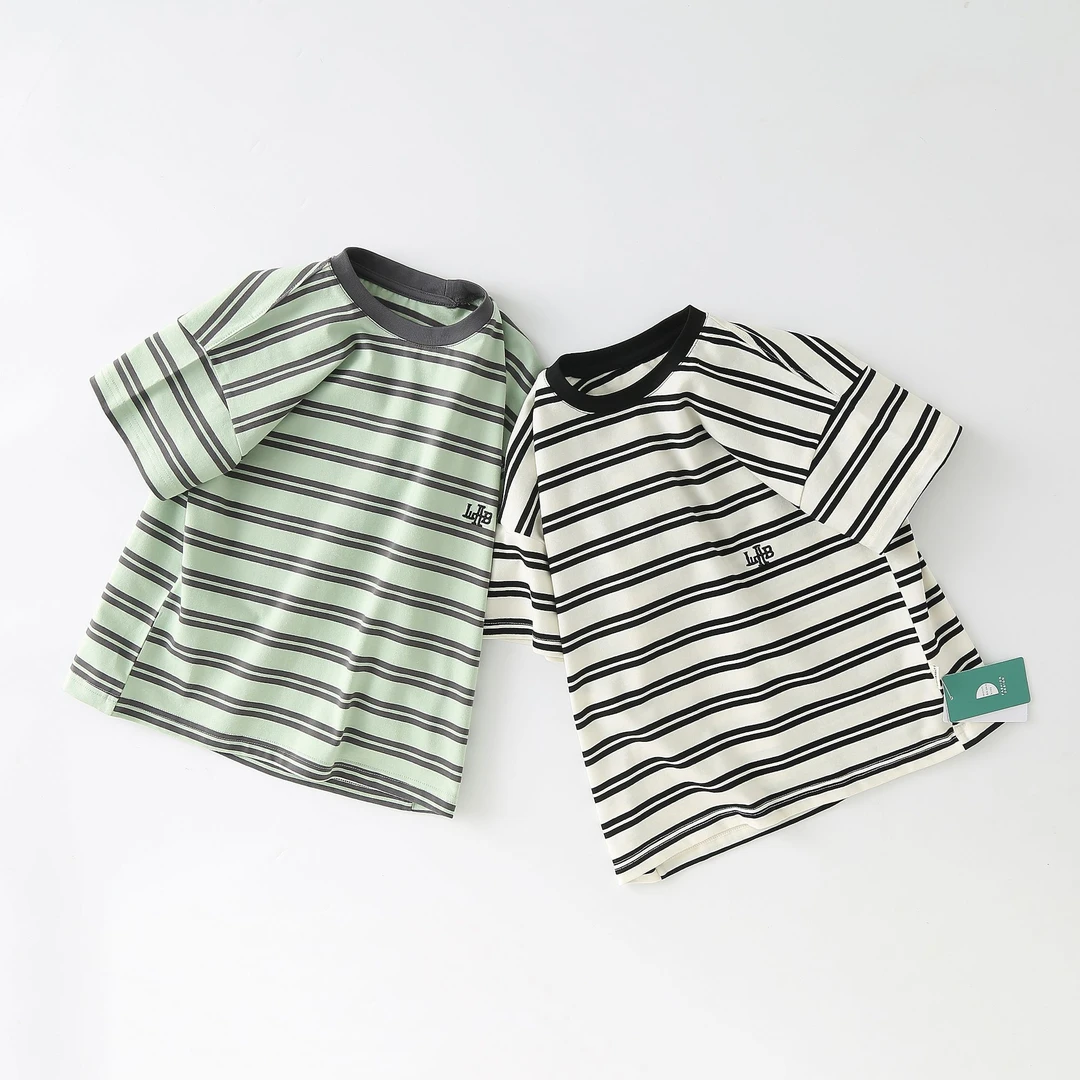 儿童纯棉刺绣字母吸湿不闷汗中大童条纹休闲短袖T恤 018