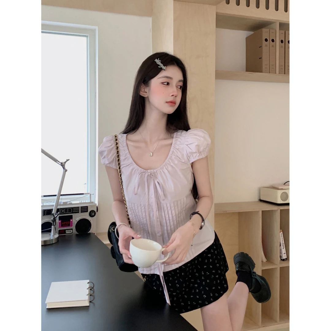 泡泡袖衬衫女短袖上衣2025夏季新款浅紫色衬衣小个子修身显瘦上衣