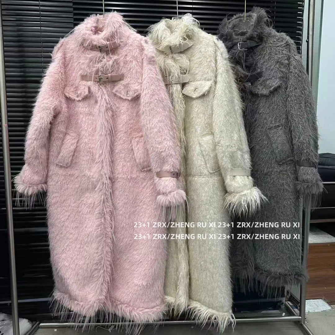 付新博女装毛绒棉服大衣情侣加厚加棉拼接毛毛长款棉衣外套15209