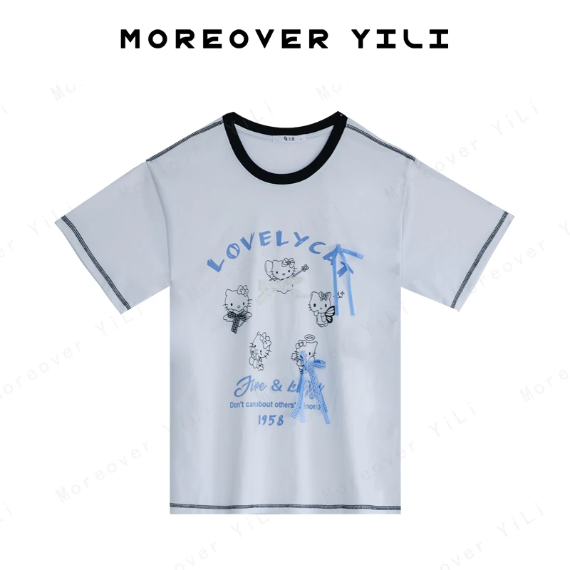 Moreover YiLi撞色立体蝴蝶结KT猫印花T恤女2025新款夏季宽松圆领