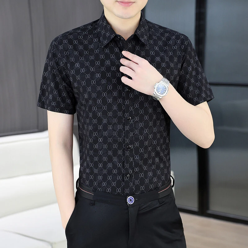 高档衬衫袖短袖青年潮流绅士简约碎花衬衣夏季修身时尚商务休闲