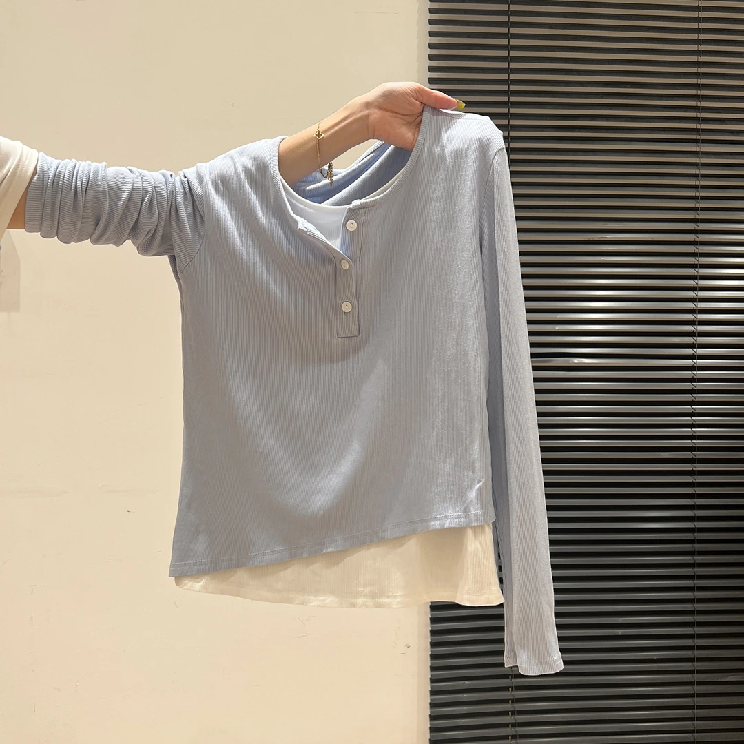 纯欲蓝白拼接不规则假两件长袖女早秋甜辣妹小衫t恤宽松慵懒上衣