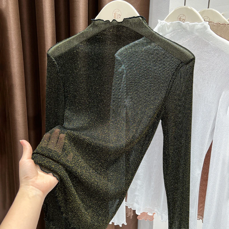 黑色纯欲风时髦网纱上衣女秋季新款木耳边长袖罩衫半高领修身T恤