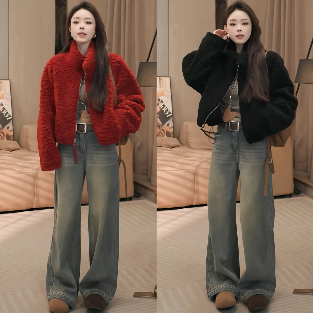 2025冬季新款名媛淑女风气质宽松立领外套百搭显瘦牛仔阔腿裤套装