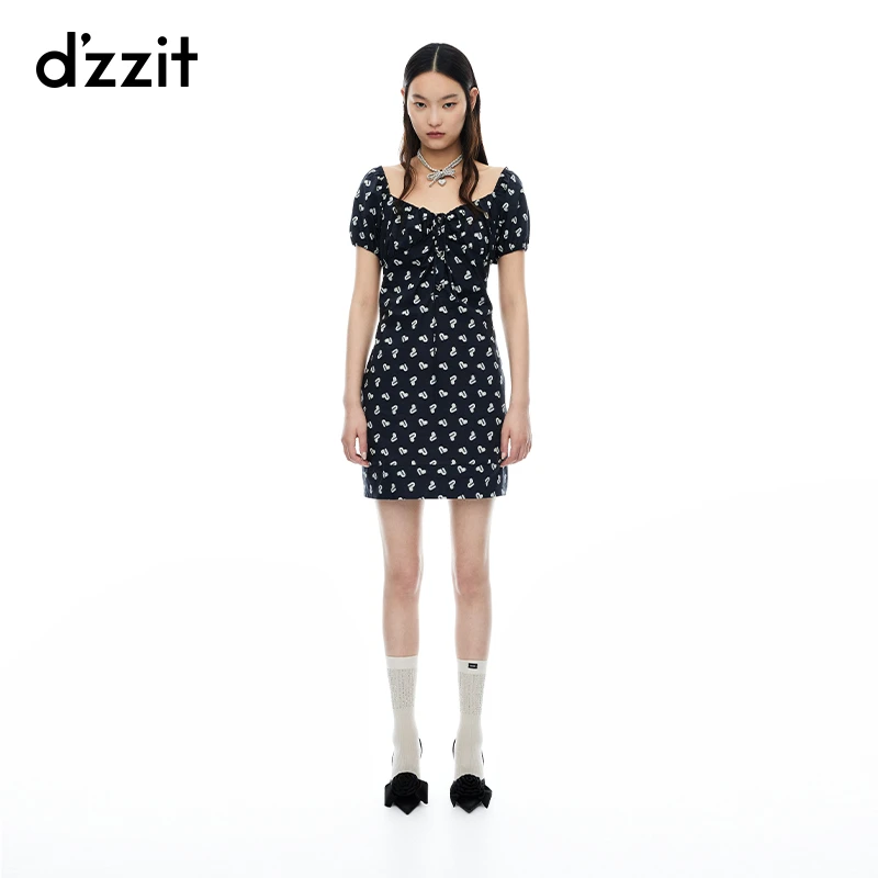 【专属】dzzit地素连衣裙法式爱心印花修身短袖系带短裙