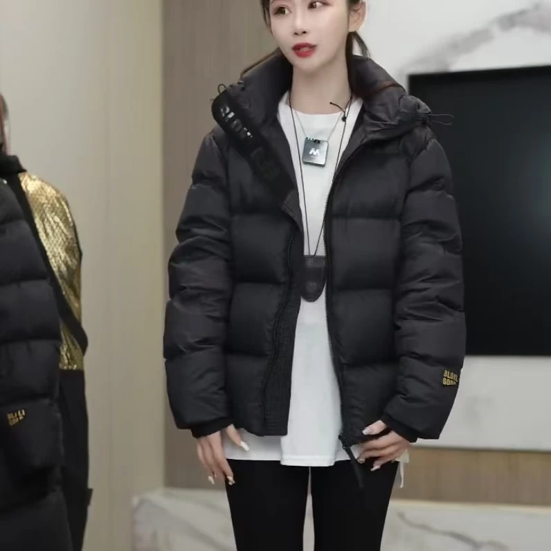 男女同款白鸭绒黑金连帽短款宽松保暖冬衣
