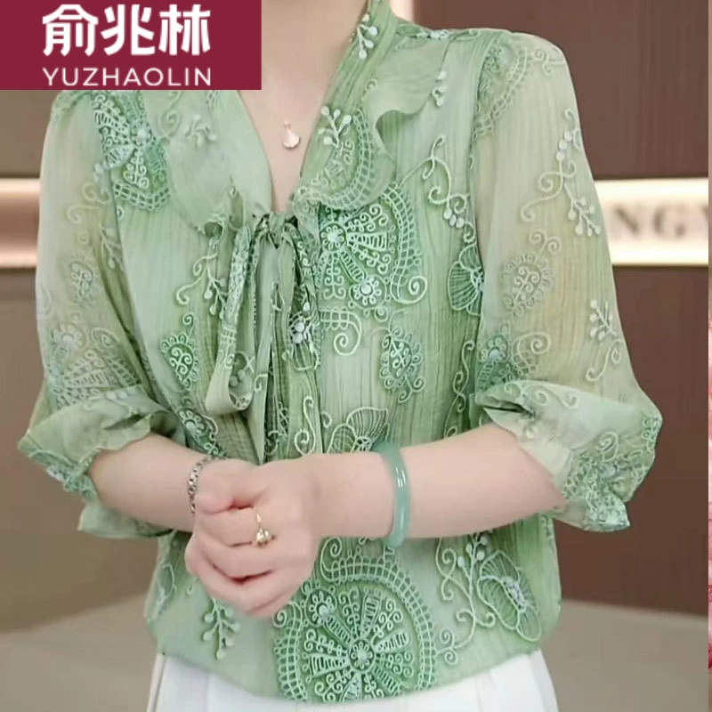 俞兆林夏装妈妈短袖恤2025夏季新款打底小衫女士宽松雪纺衫飘带打