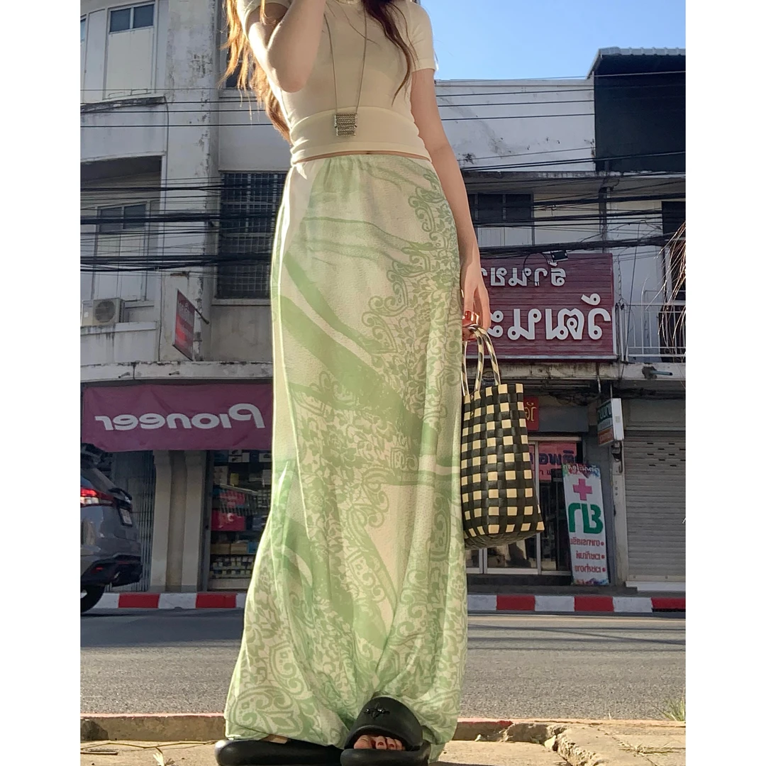 kumikumi半身裙碎花气质绿色夏季性感复古设计感印花长款半身裙子
