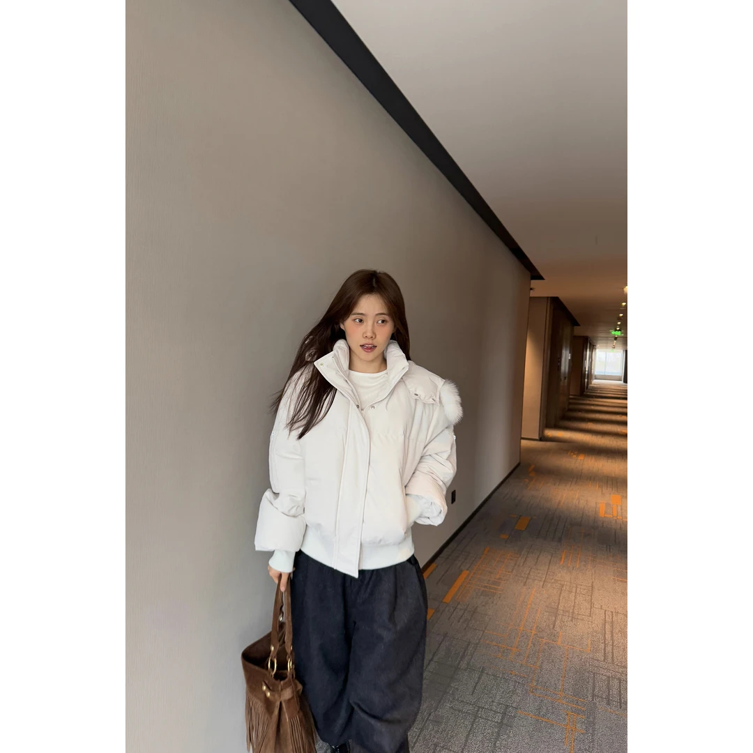 JINGDL【搅拌】90%白鸭绒冬季保暖简约小耳朵毛领连帽短款羽绒服