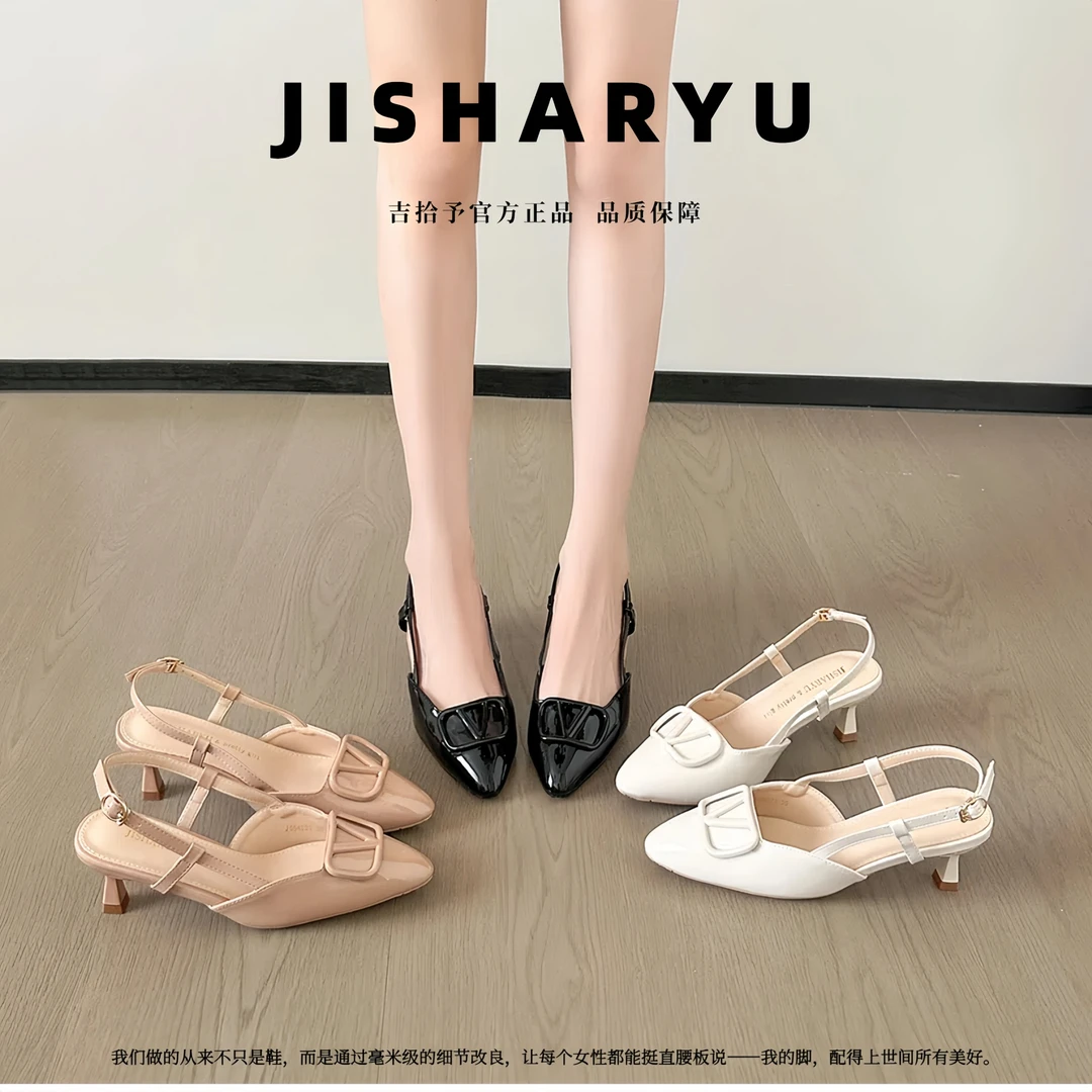 胖脚宽脚大码女鞋包头仙女风法式漆皮尖头斩男高跟后空高跟鞋凉鞋