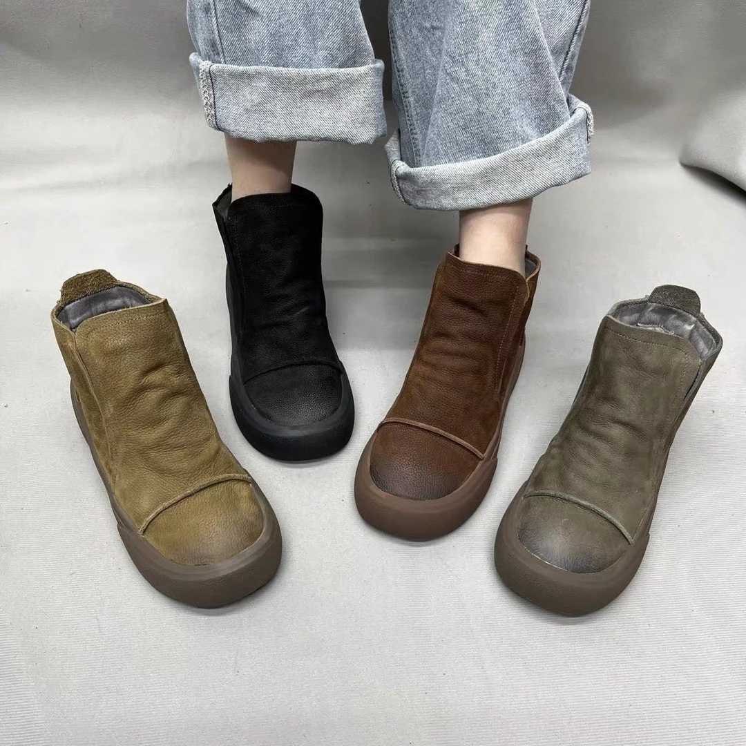 圆头秋冬靴子复古低跟加绒平底一脚蹬短靴棉鞋磨砂时尚8382-3A