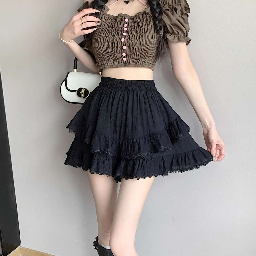 芭蕾风白色短裤女夏季薄款小个子高腰a字蕾丝荷叶边蛋糕蓬蓬裙裤