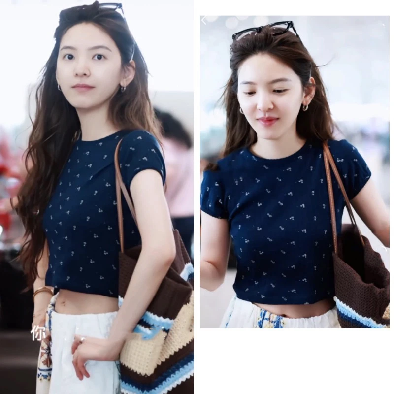 章若楠藏青色印花T恤女圆领修身花边拼接短款时尚休闲针织上衣