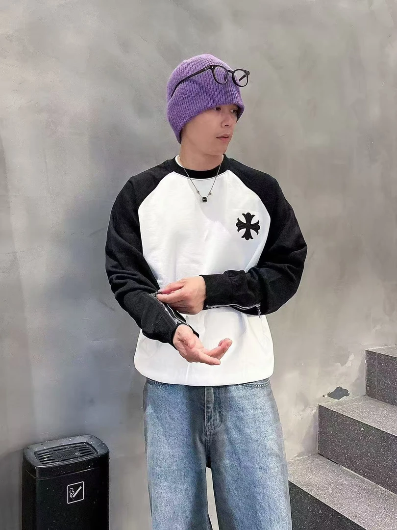 【D9806】十字架贴皮秋冬新款黑白拼色卫衣男女同款