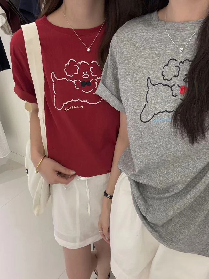 T181#SANDERSWO#韩系蝴蝶结小狗刺绣短袖T恤（福利）