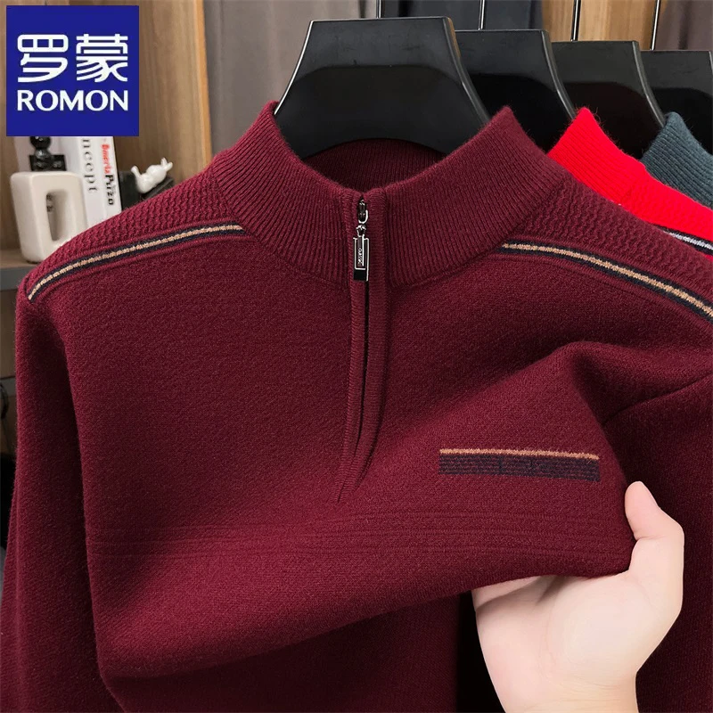 罗蒙中年爸爸装条纹立领长袖毛衣秋冬季扭花休闲柔软百搭针织衫男