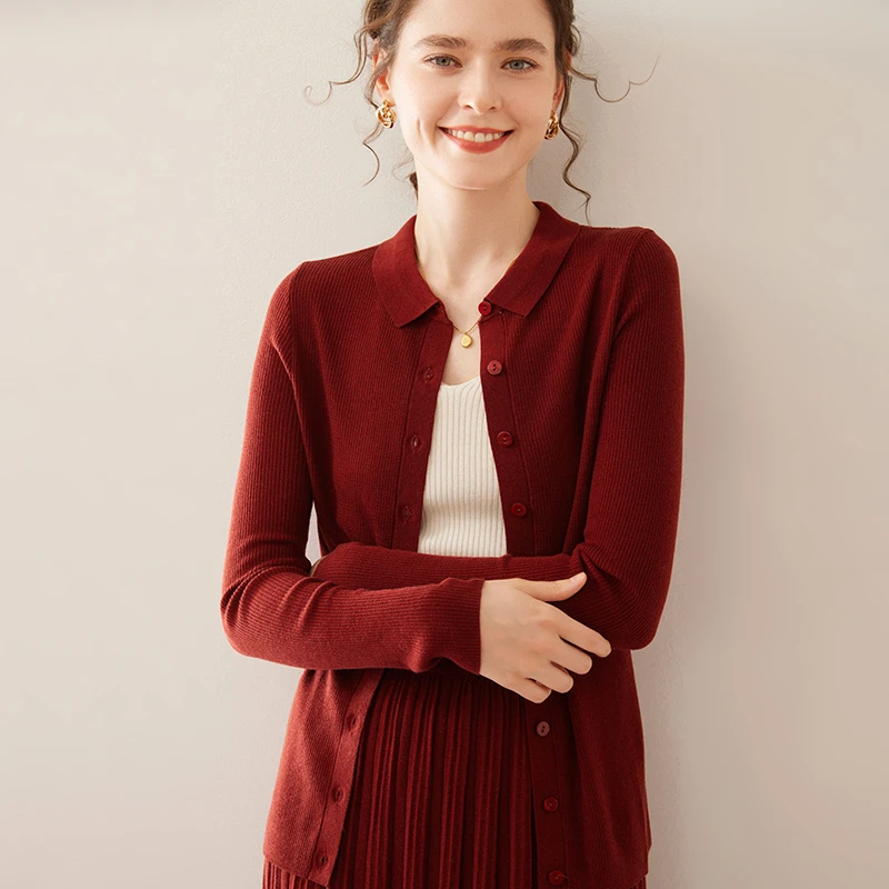 衬衣领开衫女士桑蚕丝精纺羊绒修身抽条针织外套新款翻领SH-2504