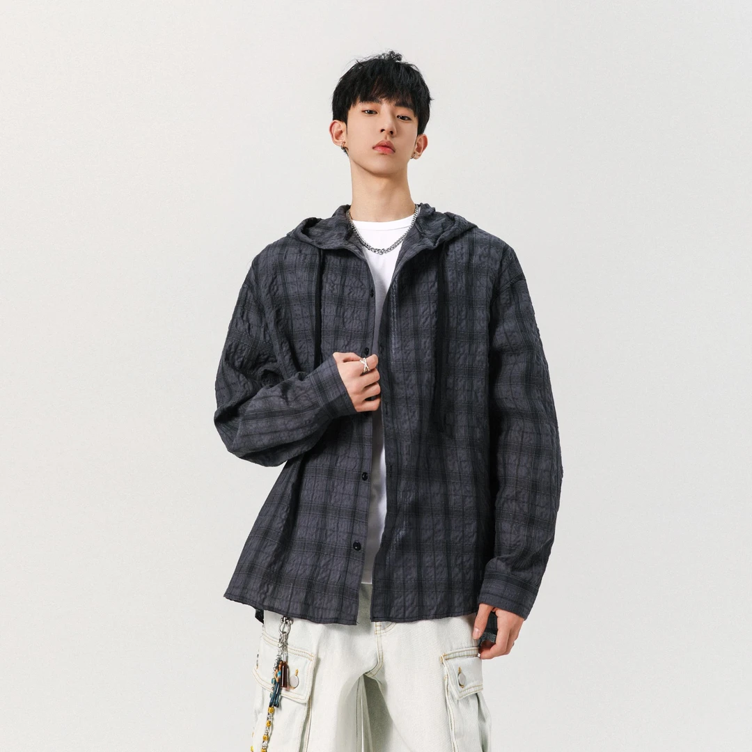 格子连帽衬衫长袖夏季阳光干净欧若风穿搭薄款防晒外套男款学院风