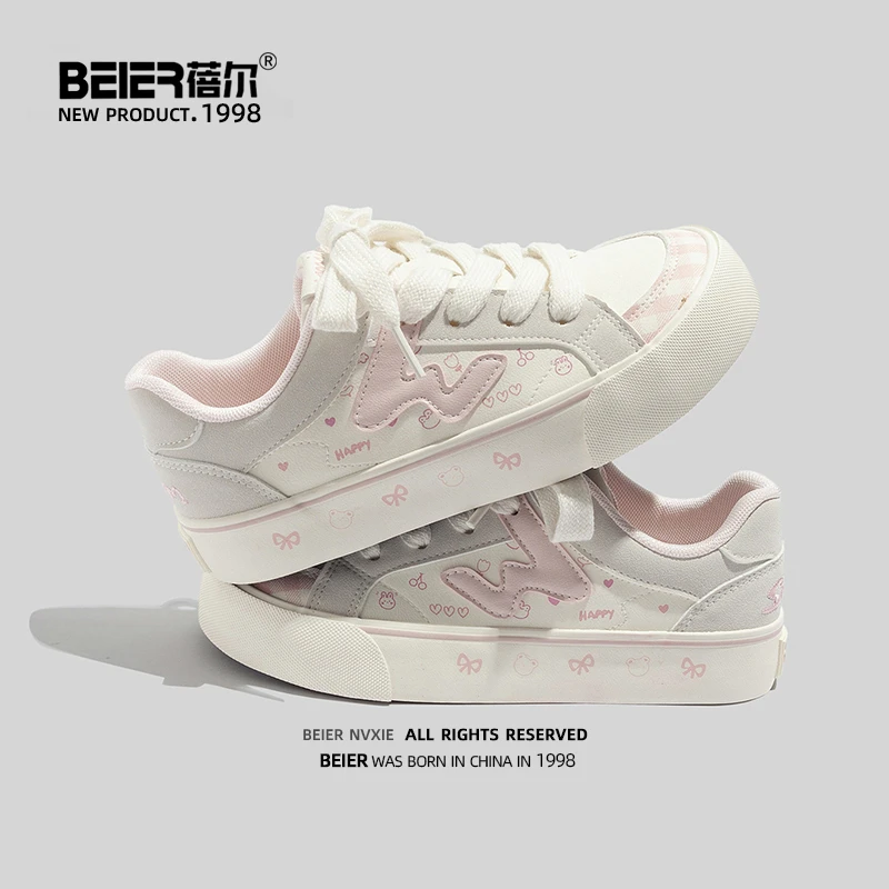 蓓尔可爱卡通休闲风学生板鞋厚底2025秋季新款休闲鞋百搭女鞋6909
