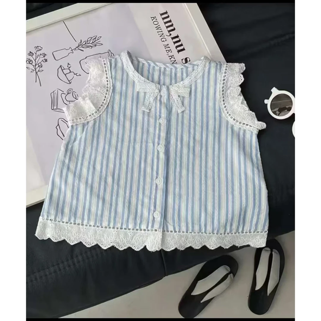 新款儿童条纹时尚百搭休闲洋气蕾丝花边夏季无袖T恤