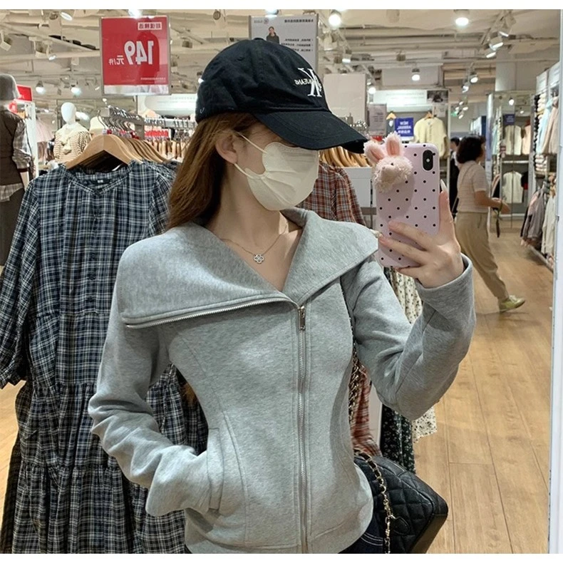 灰色修身卫衣女秋冬外套加绒加厚大翻领韩系穿搭深秋上衣开衫冬季