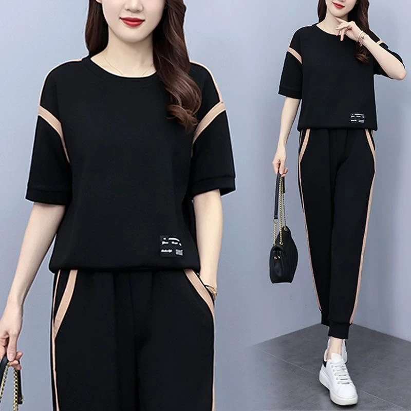 时尚减龄洋气五分袖T恤套装女夏季2025新款大码遮肉显瘦女士上衣