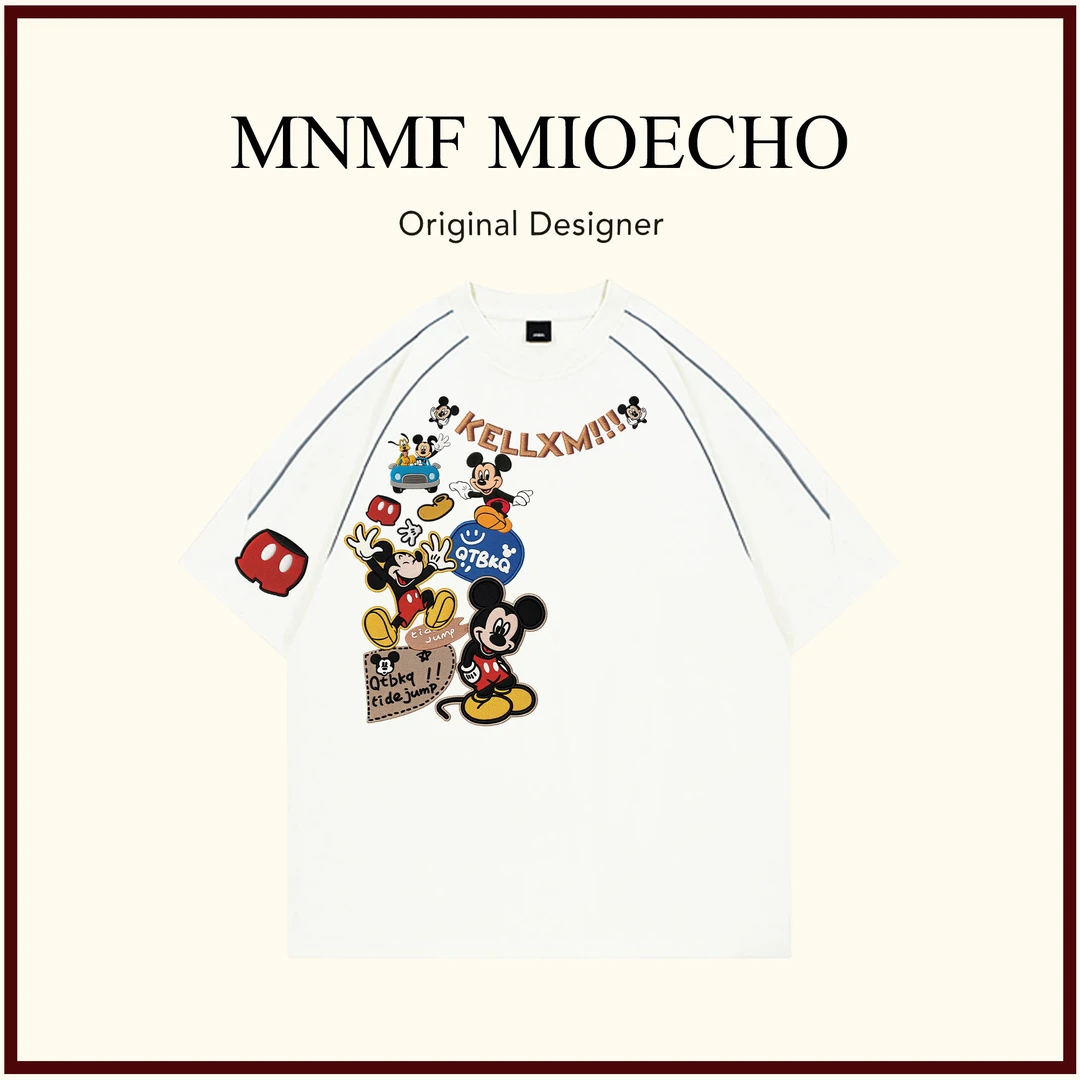 mnmf【仿刺绣印花】纯棉反光条圆领短袖T恤情侣装夏季休闲装上衣ins