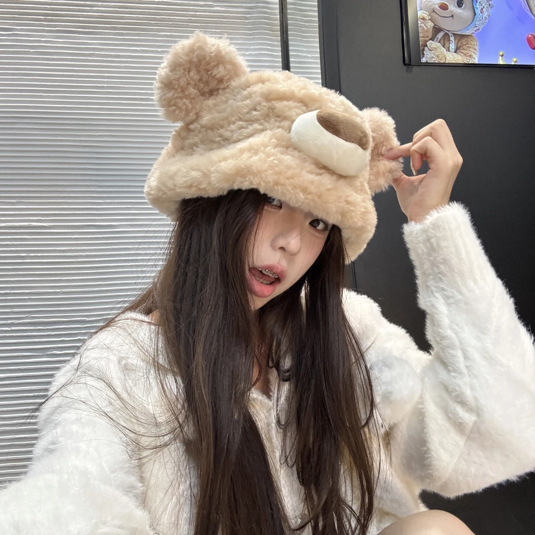 男女同款24秋冬新款穿越玩偶毛绒渔夫帽甜美短檐小熊帽