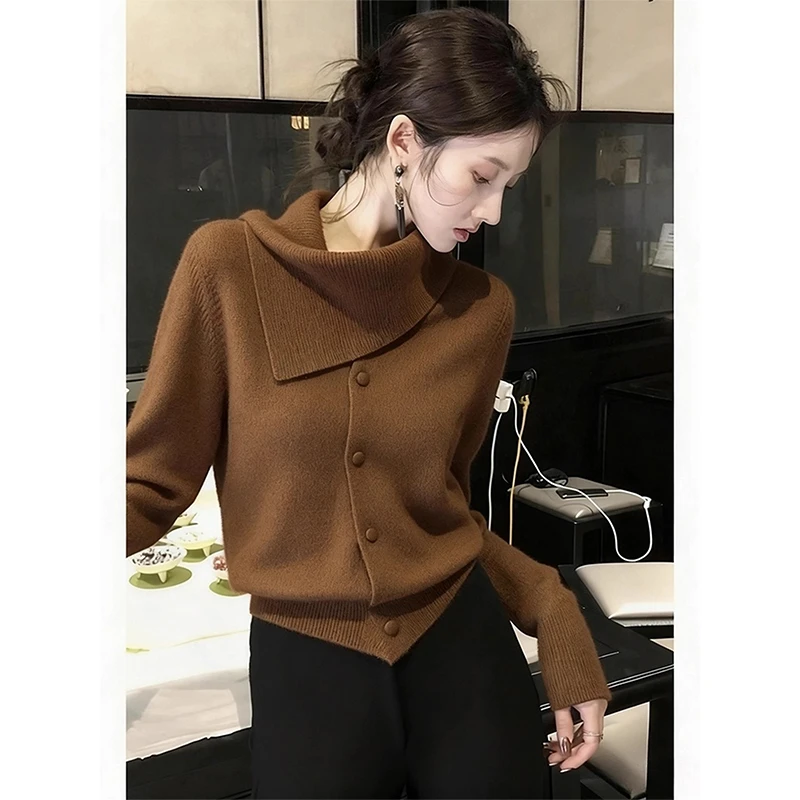 2025新款冬季巨好看的穿搭韩系慵懒高级感棕色高领毛衣针织上衣女