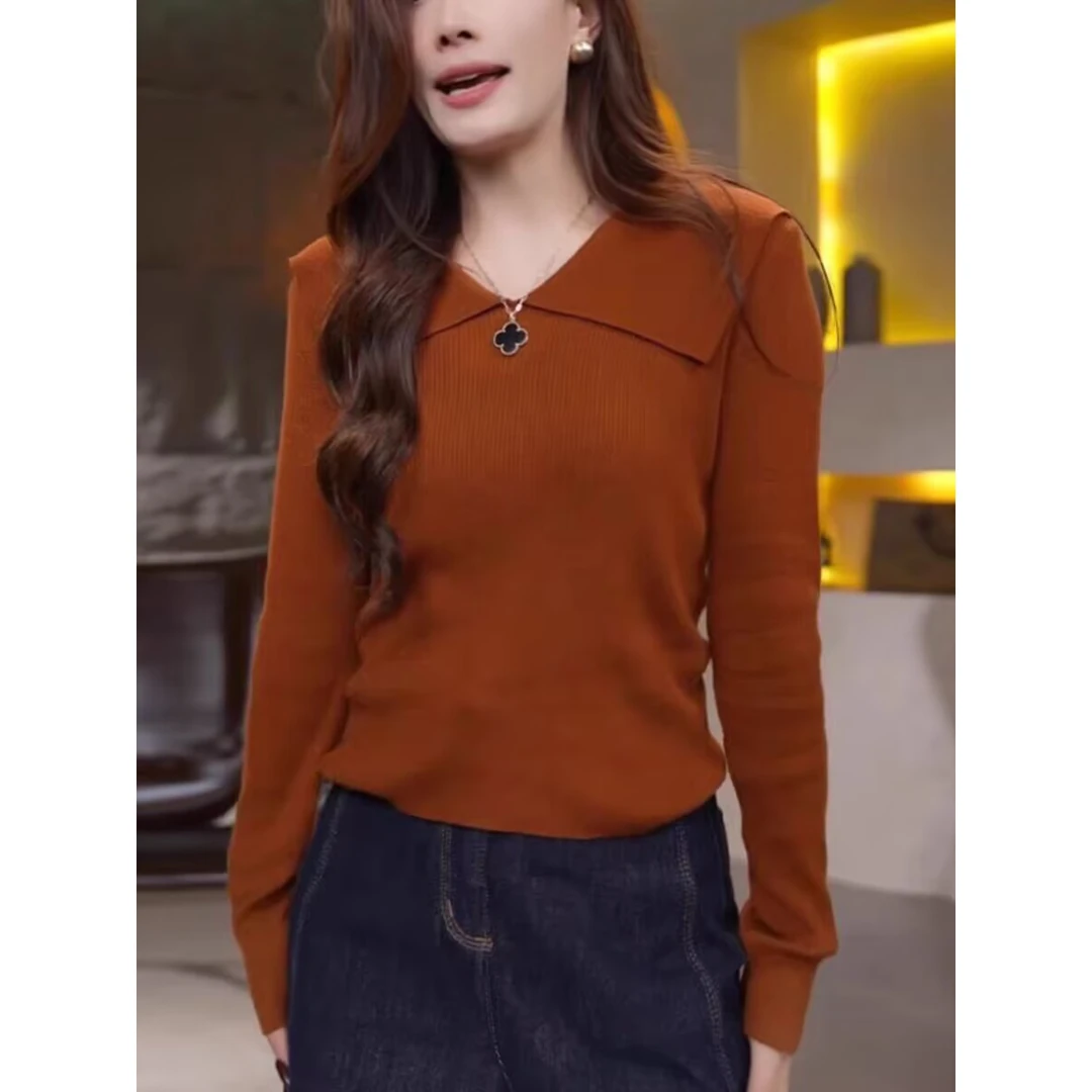 设计感翻领针织衫女2024年早秋新款大码胖mm修身显瘦气质打底上衣