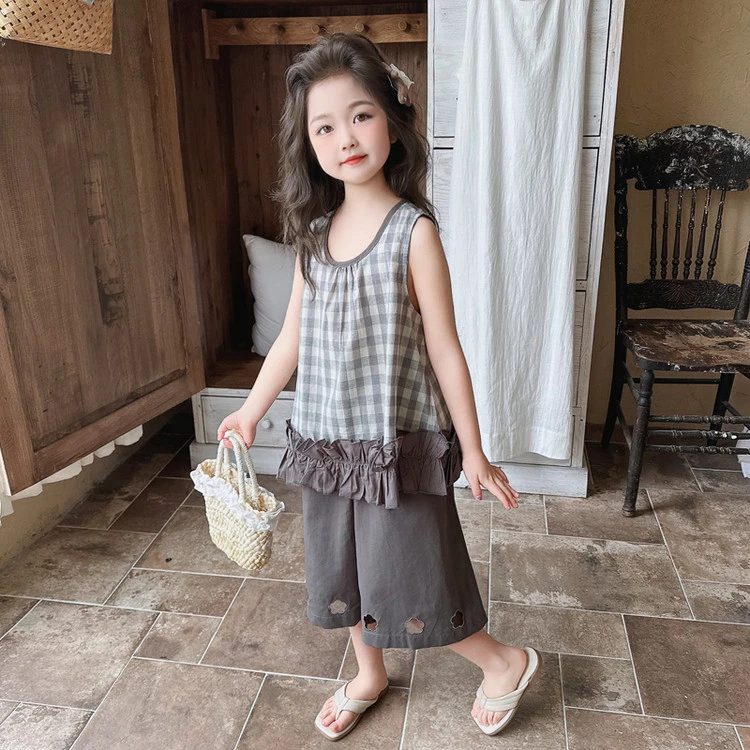 套装女童休闲时尚夏装小女孩夏季薄款无袖韩版宽松娃娃衫格子洋气