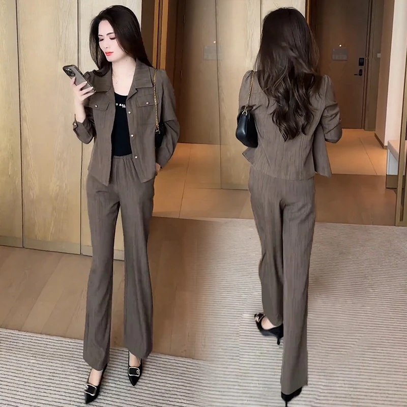 拉夏贝尔时尚套装女2025春秋季新款显瘦短款外套阔腿裤减龄两件套