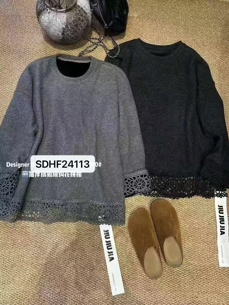 嘉嘉推荐#8076【冬季加绒加厚款】时尚百搭圆领蕾丝花边长袖上衣