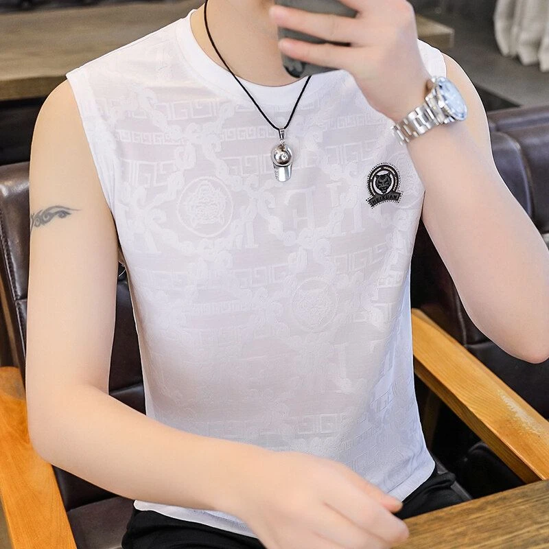 夏季冰丝薄款背心男士圆领健身运动透气潮流青年弹力修身无袖t恤