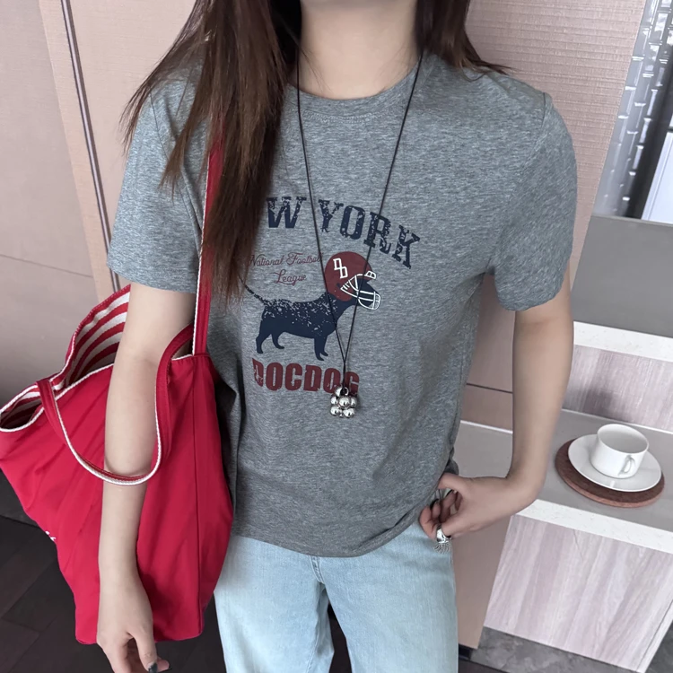 IDsisters5803美式小狗T恤女2025春季新款圆领短袖印花显瘦上衣韩