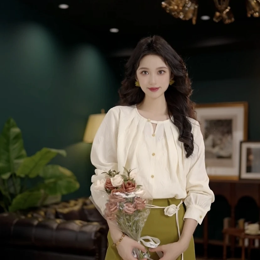 琦琦【秋风见月】港风复古纯色长袖宽松显瘦上衣YE0924031