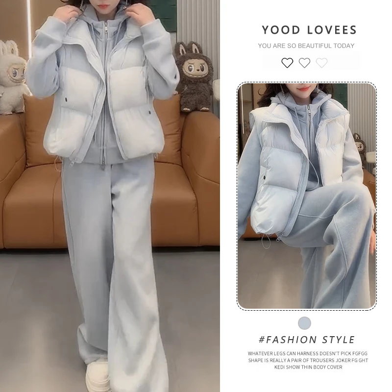 韩版立领棉服马甲高级感时尚百搭蓬松感外套搭配卫衣卫裤三件套装