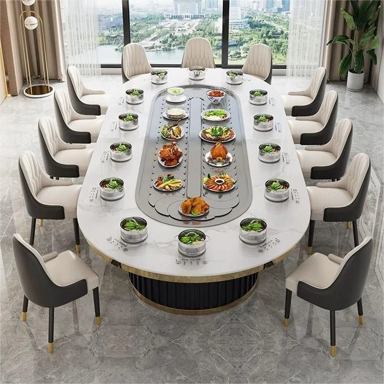 2025新款椭圆形电动岩板餐桌自动旋转传送带电磁炉火锅桌长方形桌