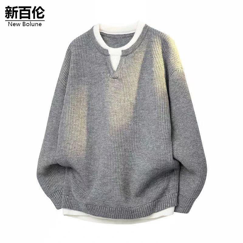 新百伦/NEW BOLUNE潮流假两件毛衣男秋冬新款百搭休闲慵懒风上衣