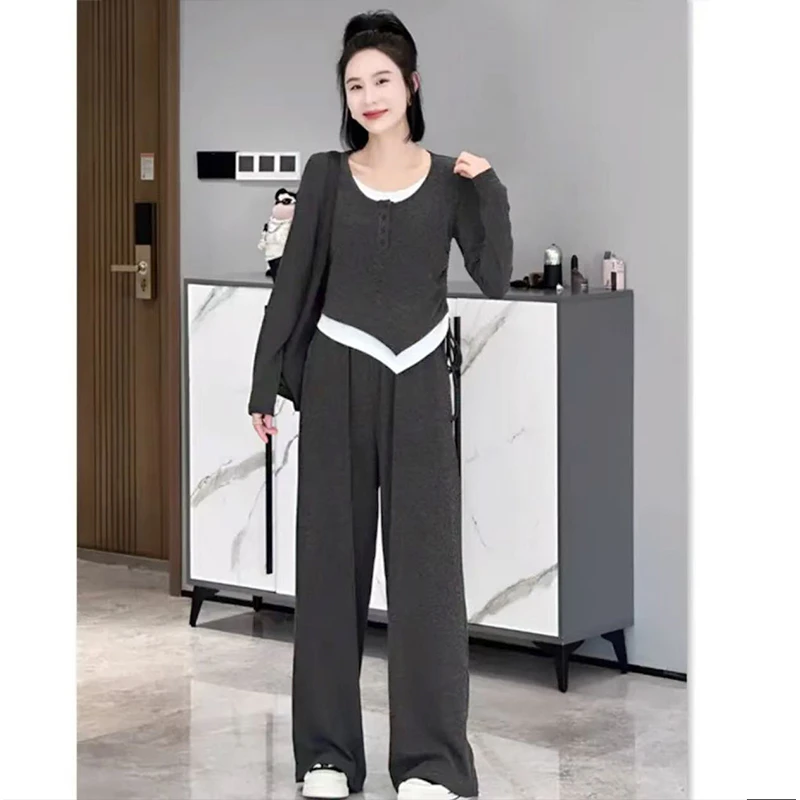 运动套装女2025新款抽绳假两件宽松显瘦休闲简约气质两件套