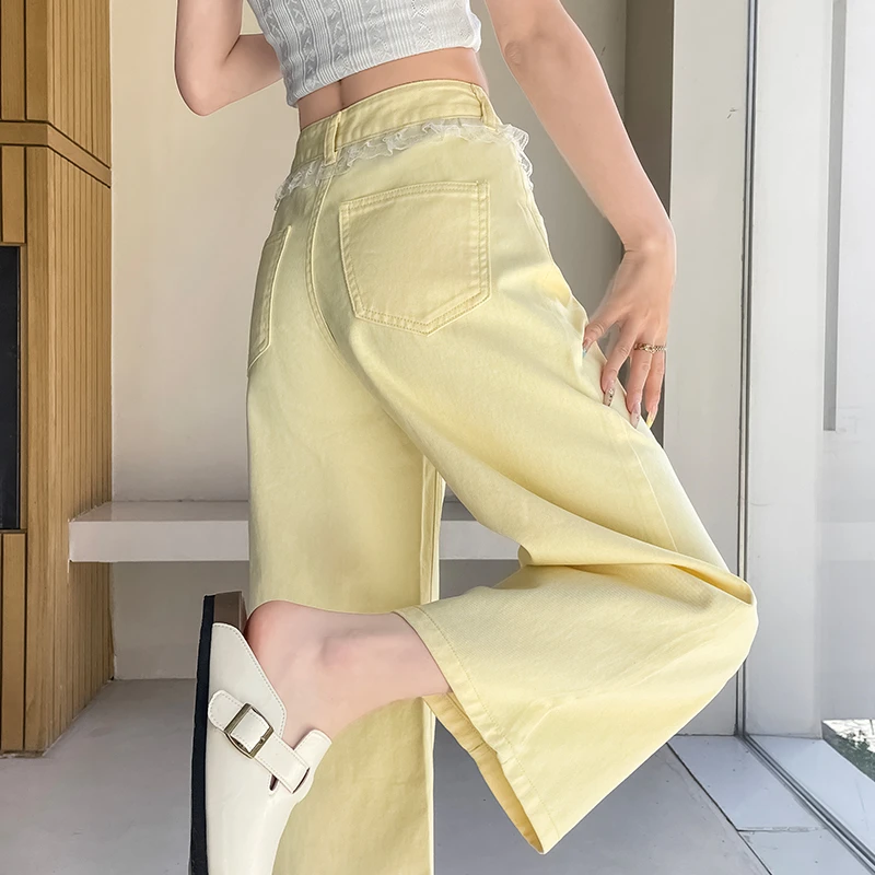 浅黄色法式蕾丝花边阔腿牛仔裤女2025夏季薄款宽松小个子奶奶裤子