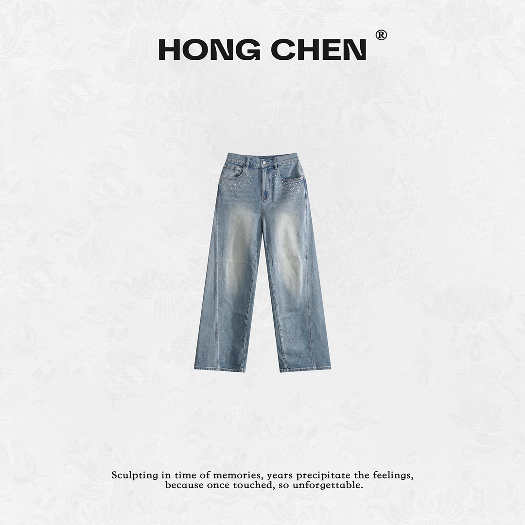 【虹辰】高端时尚精致烫钻优雅立体线条显腿长高级感牛仔裤--HC2337