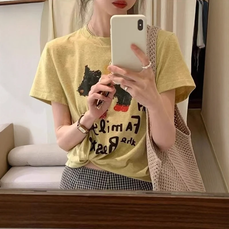 卡通小狗字母印花黄色短袖T恤女夏季小个子正肩圆领休闲半袖上衣