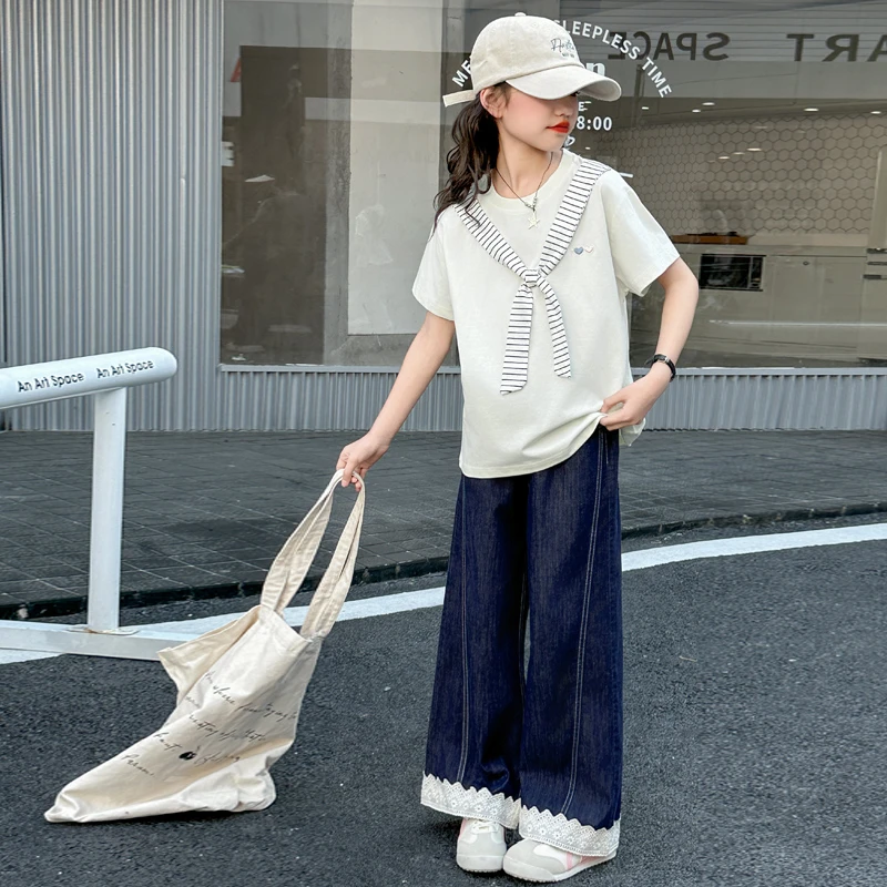 女童夏季牛仔裤套装2025新款韩版学院风网红披肩上衣蕾丝牛仔裤潮