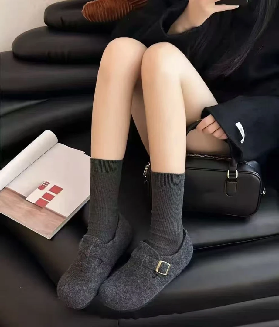 木子静-「勃肯十代」韩系复古圆头毛毡加绒一脚蹬勃肯鞋-2027-5