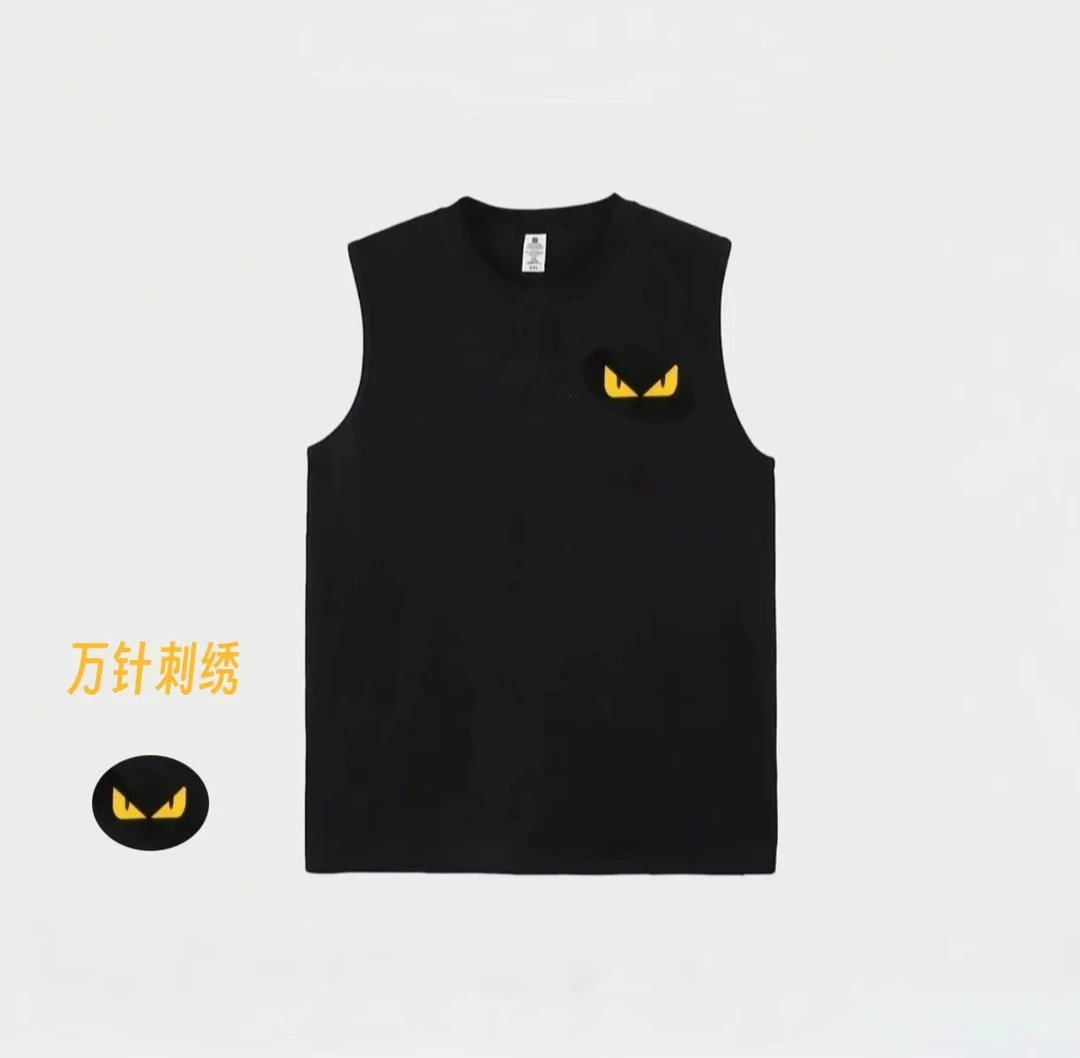 夏季潮奢重工万针刺绣猫眼男女同款圆领无袖T恤运动休闲舒适