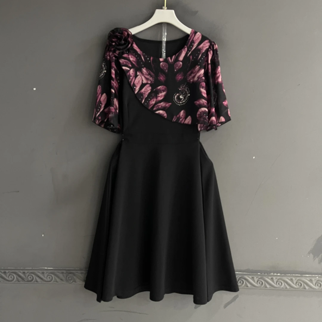 短袖喇叭袖高腰拼接大码连衣裙中长裙裹胸甜辣千金风